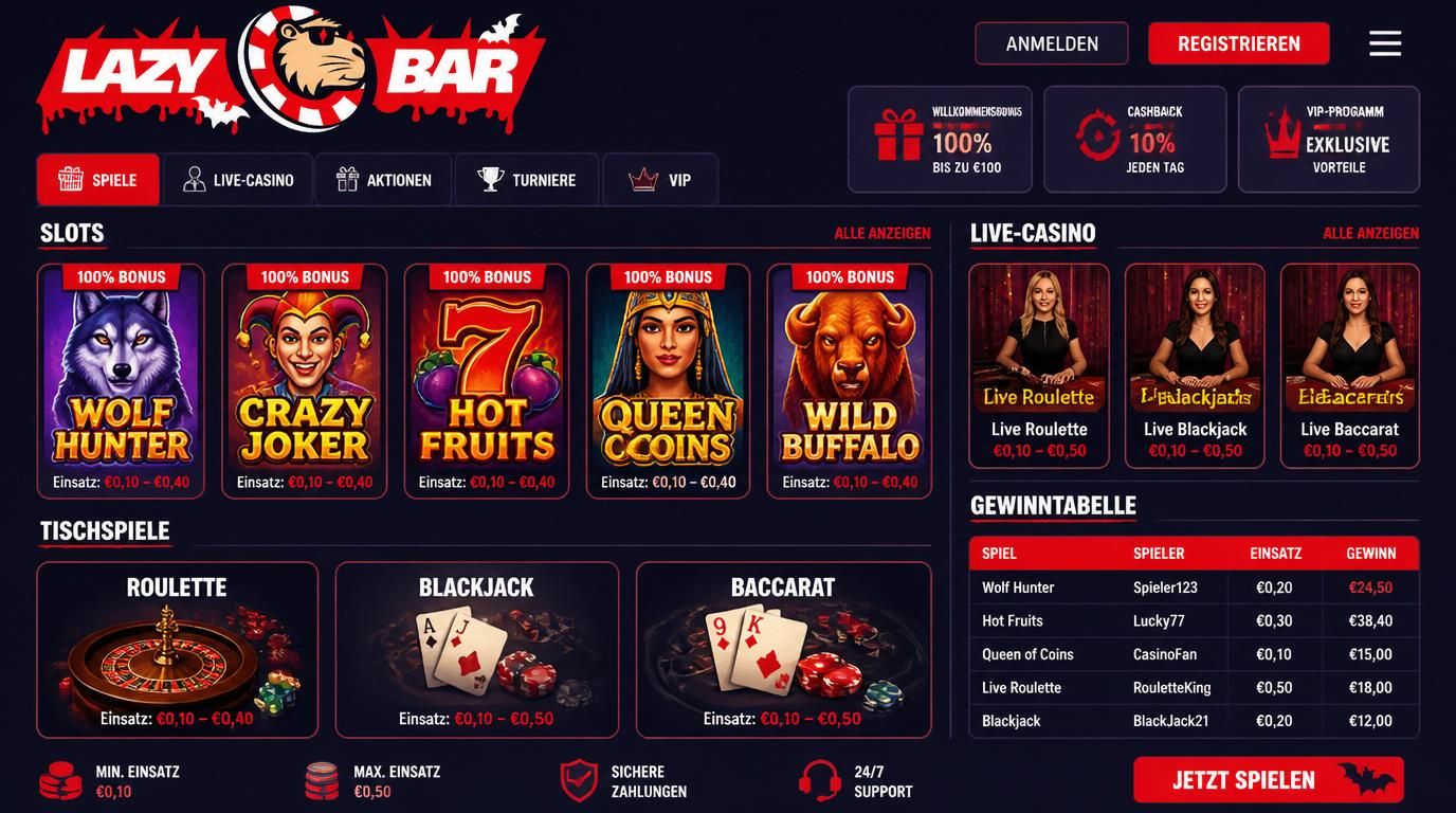 Slots, Roulette, Blackjack und Live Spiele nebeneinander mit Einsatzwerten und Prozentzahlen