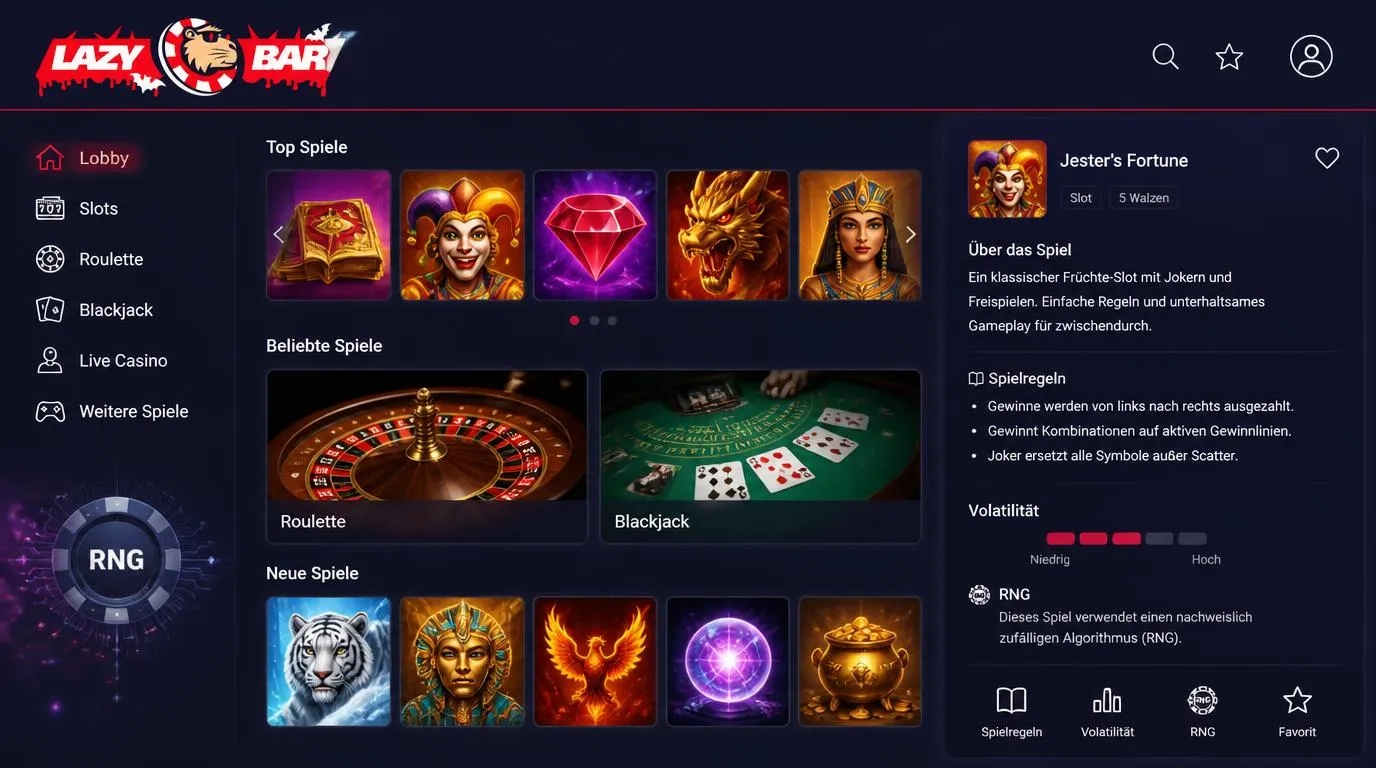 Casino-Lobby mit Slot-Vorschauen sowie Kategorien für Roulette, Blackjack und weitere Tischspiele