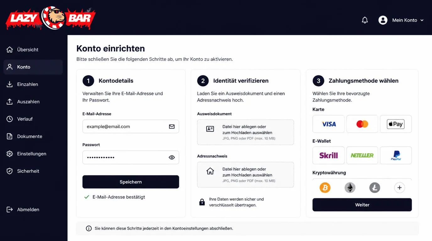 Geschützter Kontobereich mit Ausweisprüfung, Adressnachweis und Auswahl einer Zahlungsmethode