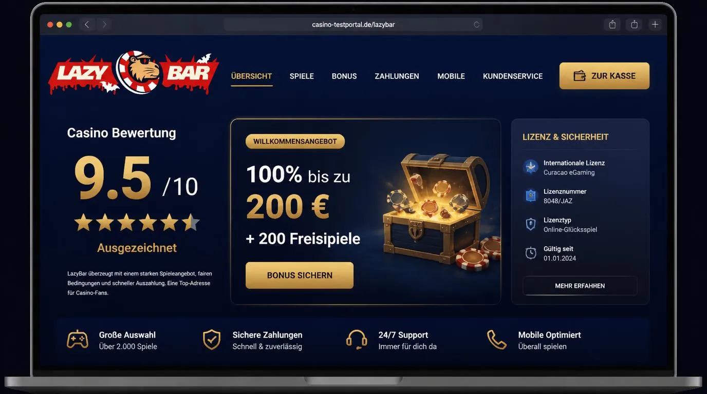 Casino-Oberfläche mit Bewertungsanzeige, Willkommensangebot und gut sichtbarem Zugang zur Kasse