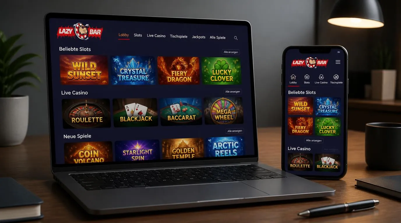 Übersichtlicher Casinospiel-Katalog auf Laptop und Smartphone mit verschiedenen Spielkacheln